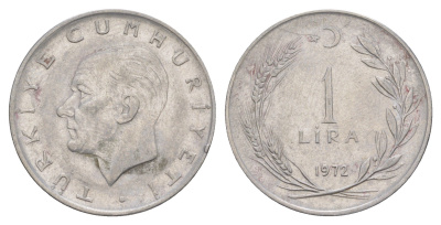 Турция 1 лира 1972 Кемаль Ататюрк KM 889a.2 нержавеющая сталь 4648-746