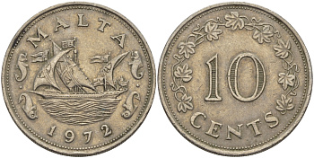 Мальта 10 центов 1972 баржа Великого магистра KM 11 медно-никель 82-412