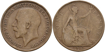 Великобритания 1 пенни 1913 Георг V (1910-1936) KM 810, Spink 4051 бронза 4144-441