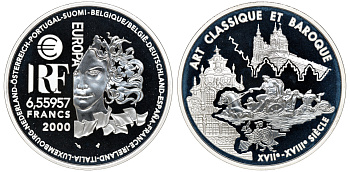 Франция 1 евро = 6,55957 франков 2000 классицизм и барокко в архитектуре (XVII- XVIII веков) в оригинальной коробке, с сертификатом KM 1226 серебро PROOF 4-3-3-15