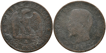 ФРАНЦИЯ 5 САНТИМОВ 1865 А, НАПОЛЕОН III (1852-1870) KM 797.1, LE FRANC 117.14 бронза 28-913