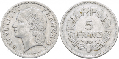 ФРАНЦИЯ 5 ФРАНКОВ 1946 KM 888b.1 алюминий 4403-216
