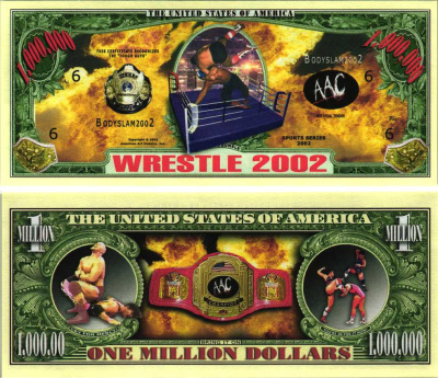 США 1000000 ДОЛЛАРОВ 2002 СУВЕНИРНАЯ БАНКНОТА, СПОРТИВНАЯ СЕРИЯ, АМЕРИКАНСКИЙ РЕСЛИНГ, ВЕРСИЯ ААС, ЧЕМПИОНСКИЙ ПОЯС ААС бумага UNC (ПРЕСС) 7198-37-4-1