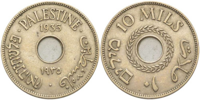 Израиль, Палестина 10 милсов 1935 Британская администрация, редкий год KM 4 медно-никель 4185-1223