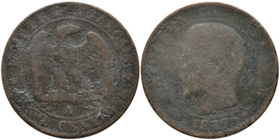 ФРАНЦИЯ 5 САНТИМОВ 1865 А, НАПОЛЕОН III (1852-1870) KM 797.1, LE FRANC 117.14 бронза 28-913