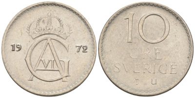 Швеция 10 эре 1972 Густав VI Адольф (1950-1973) KM 835 медно-никель UNC 4585-423