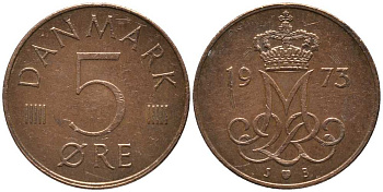Дания 5 эре 1973 S; B, Маргрете II (1972- ) KM 859.1 железо плакированное медью 116-145