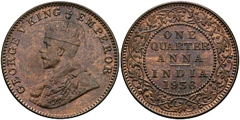 Британская Индия 1/4 анна 1936 Георг V (1910-1936) KM 512 бронза UNC 94-245