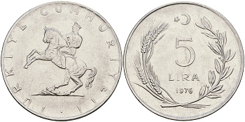 Турция 5 лир 1976 Кемаль Ататюрк KM 905 нержавеющая сталь 4364-3826