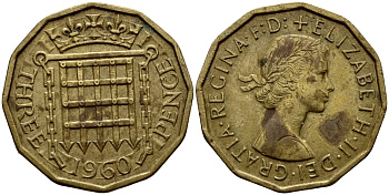 Великобритания 3 пенса 1960 Елизавета II (1952-2022) KM 900, Spink 4153 никель латунь 4393-351