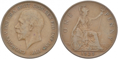 Великобритания 1 пенни 1929 Георг V (1910-1936) KM 838, Spink 4055 бронза 4403-643