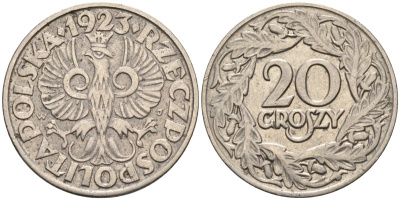 Польша 20 грошей 1923 Республика KM 12, Parchimowicz 105 никель 4580-641