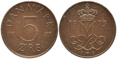 Дания 5 эре 1973 S; B, Маргрете II (1972- ) KM 859.1 железо плакированное медью 116-145