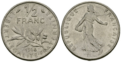 Франция 1/2 франка 1968 сеятель KM 931 никель 4135-652
