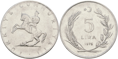 Турция 5 лир 1976 Кемаль Ататюрк KM 905 нержавеющая сталь 4364-3826