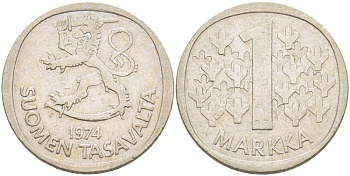 ФИНЛЯНДИЯ 1 МАРКА 1974 S KM 49а медно-никель 3718-1242