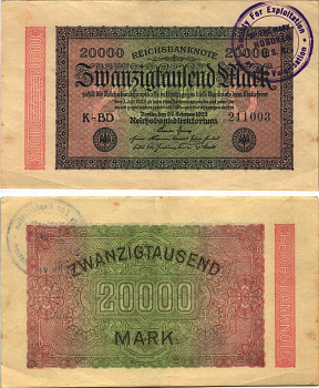 ГЕРМАНИЯ 20000 МАРОК 1923 20 ФЕВРАЛЯ 1923, СИНЯЯ ПЕЧАТЬ USA В ВЕРХНЕМ ЛЕВОМ УГЛУ, ВОДЯНОЙ ЗНАК Е, В ЗВЁЗДАХ G/D Pick 85b бумага XF 8589-20-3-1