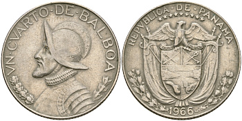 Панама 1/4 бальбоа 1966 Васко Нуньес де Бальбоа KM 11а медь плакированная медно-никелем 4364-3134
