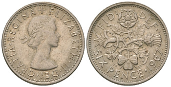 Великобритания 6 пенсов 1967 Елизавета II (1952-2022) KM 903, Spink 4149 медно-никель 4615-1028