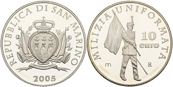 Сан-Марино 10 евро 2005 милиция, карабинеры, в оригинальной коробке, с сертификатом KM 344 серебро PROOF 7-1-59