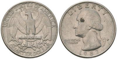 США 25 центов = квотер 1987 P, Вашингтон KM 164a медь плакированная медно-никелем 4595-1226