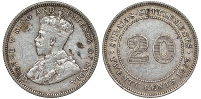 Стрейтс-Сетлментс 20 центов 1935 Георг V (1910-1936) КМ 30b серебро 53-832