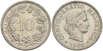 Швейцария 10 раппенов 1989 KM 27 медно-никель 4152-564