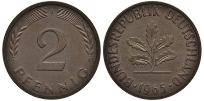 ФРГ 2 ПФЕННИГА 1965 J KM 106, Jager 381 бронза 4546-934