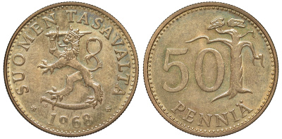 Финляндия 50 пенни 1968 S KM 48 алюминиевая бронза 51-1034