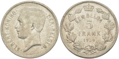 БЕЛЬГИЯ 5 ФРАНКОВ 1930 АЛЬБЕРТ I, DER BELGEN KM 98 никель 3851-315