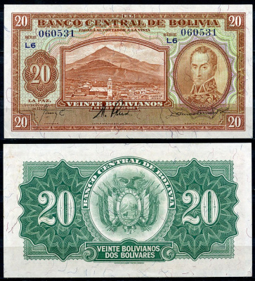 Боливия 20 боливиано 1928 серия L3, Симон Боливар Pick 131 (3) бумага UNC (пресс) 2196-41-3-1