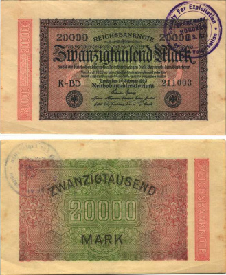 ГЕРМАНИЯ 20000 МАРОК 1923 20 ФЕВРАЛЯ 1923, СИНЯЯ ПЕЧАТЬ USA В ВЕРХНЕМ ЛЕВОМ УГЛУ, ВОДЯНОЙ ЗНАК Е, В ЗВЁЗДАХ G/D Pick 85b бумага XF 8589-20-3-1