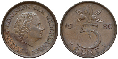 Нидерланды 5 центов 1980 Юлиана (1948-1980) KM 181 бронза 71-155