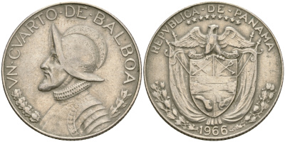 Панама 1/4 бальбоа 1966 Васко Нуньес де Бальбоа KM 11а медь плакированная медно-никелем 4364-3134