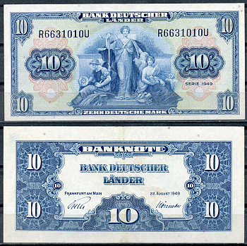 ФРГ 10 марок 1949 22 августа 1949 Pick 16a, Розенберг 258 бумага 451-683-3