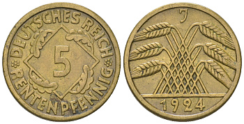 Германия 5 рентенпфеннигов 1924 J, KM 32, J. 308 алюминиевая бронза 4164-664