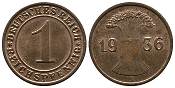 Германия 1 рейхспфенниг 1936 A KM 37, J. 313 бронза 220-136
