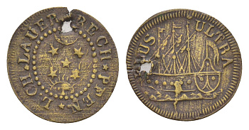 Нюрнберг счётный жетон (Rechenpfennig) около 1780 г. Корабль, мастер - LUD LAUER - Людвиг Кристиан Лауэр, диаметр 20 мм, вес 0,8 гр латунь 4655-113