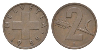 Швейцария 2 раппена 1955 B KM 47 бронза 4630-742