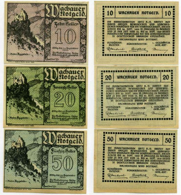 Австрия, Вахау набор из 3 банкнот 10, 20, 50 геллеров 1920 30 сентября 1920, нотгельд, земля Нижняя Австрия   бумага  UNC (пресс) 7555-28-4-2