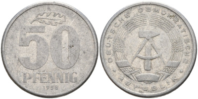 ГДР 50 пфеннигов 1958 A KM 12.1 алюминий 4143-747