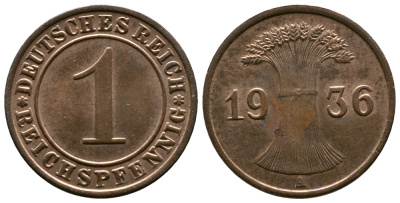 Германия 1 рейхспфенниг 1936 A KM 37, J. 313 бронза 220-136