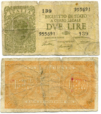 Италия 2 лиры 1944 Pick 30a бумага 7484-12-3-1