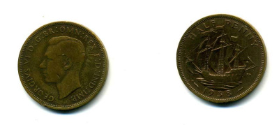 Великобритания 1/2 пенни 1938 Георг VI (1936-1952) KM 844, Spink 4115 бронза 83-1652