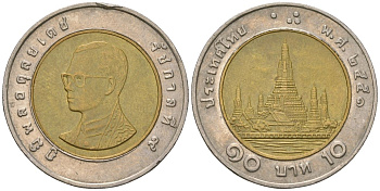 Таиланд 10 бат 2009 BE 2552, Рама IX (1946-2016) KM 459 биметалл 4610-1247