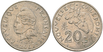 Французская Новая Каледония 20 франков 2007 три быка, (IEOM) KM 12a, Schoen 14a медно-никель 4131-822