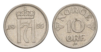 Норвегия 10 эре 1955 Хокон VII (1905-1957) KM 396 медно-никель 4632-1143