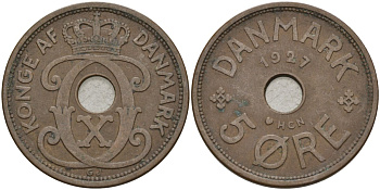 Дания 5 эре 1927 Кристиан X (1912-1947) KM 828 бронза 4148-212