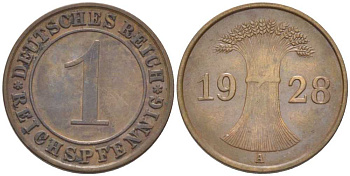 ГЕРМАНИЯ 1 РЕЙХСПФЕННИГ 1928 A KM 37, J. 313, Weege 2 бронза 206-829
