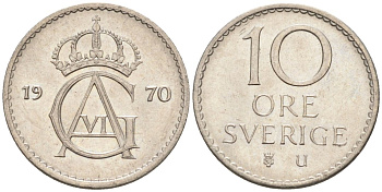 Швеция 10 эре 1970 Густав VI Адольф (1950-1973) KM 835 медно-никель UNC 4585-421